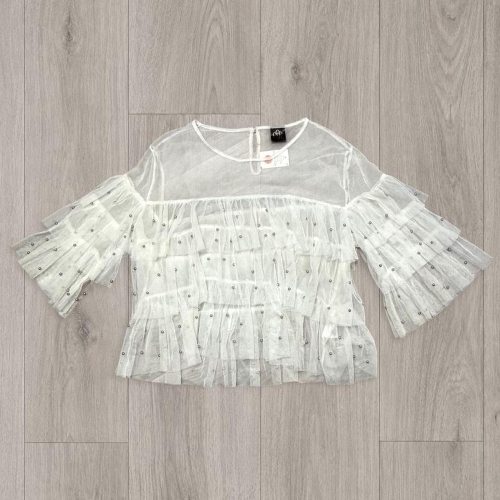 White Sheer Mesh Ruffle Rhinestone Bell Sleeve Top 3X